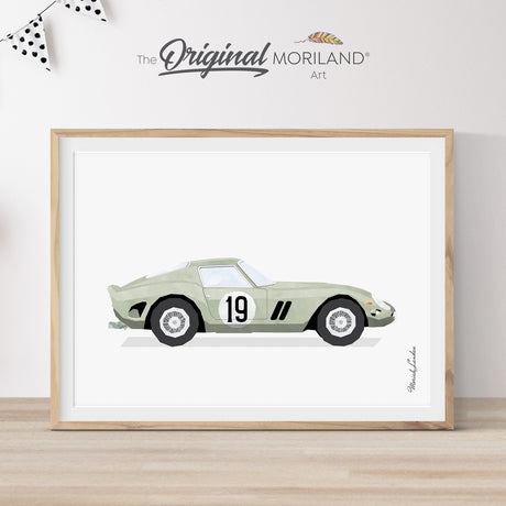 Printable art of a classic Ferrari sports car in sage green, perfect for a nursery, big boy, or teen room