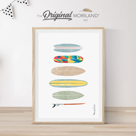 Vibrant multicolor surfboards artwork, perfect for beach lovers and surf enthusiasts. Printable art ideal for adding a splash of color to any space