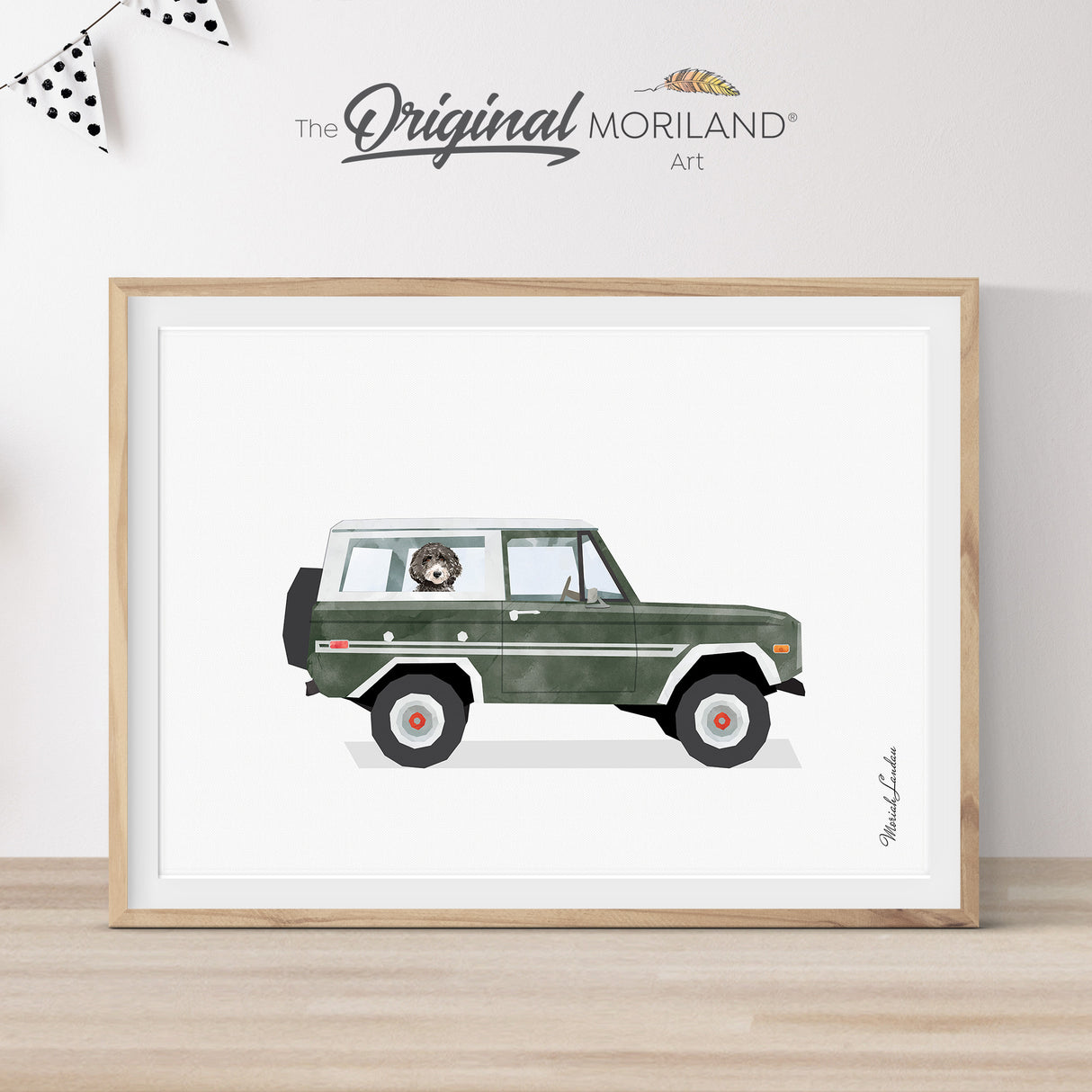 Dark Green Classic Car with Black Labradoodle Dog Print - Printable Art