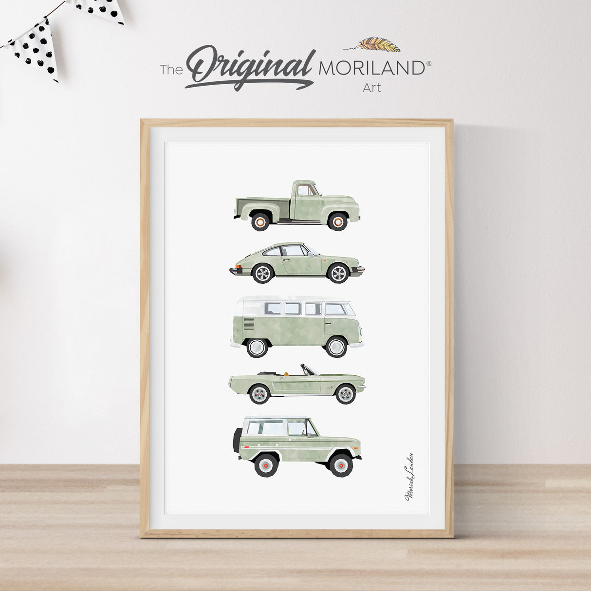 Sage green classic car printable wall art – vintage-inspired vehicle illustration for baby boy nursery or kids room