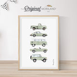 Sage green classic car printable wall art – vintage-inspired vehicle illustration for baby boy nursery or kids room