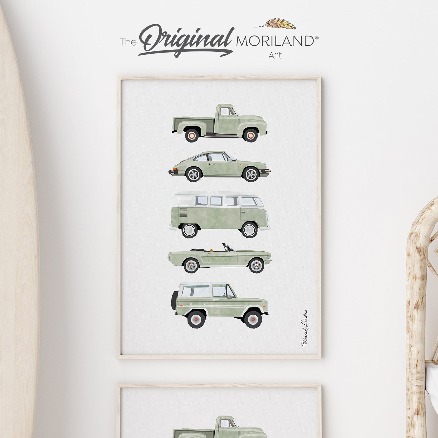 Sage Green Classic Car Wall Art - Fine-Art Print for Boys’ Nursery & Big Boy Room, perfect gift for baby boys and grandsons. By MORILAND