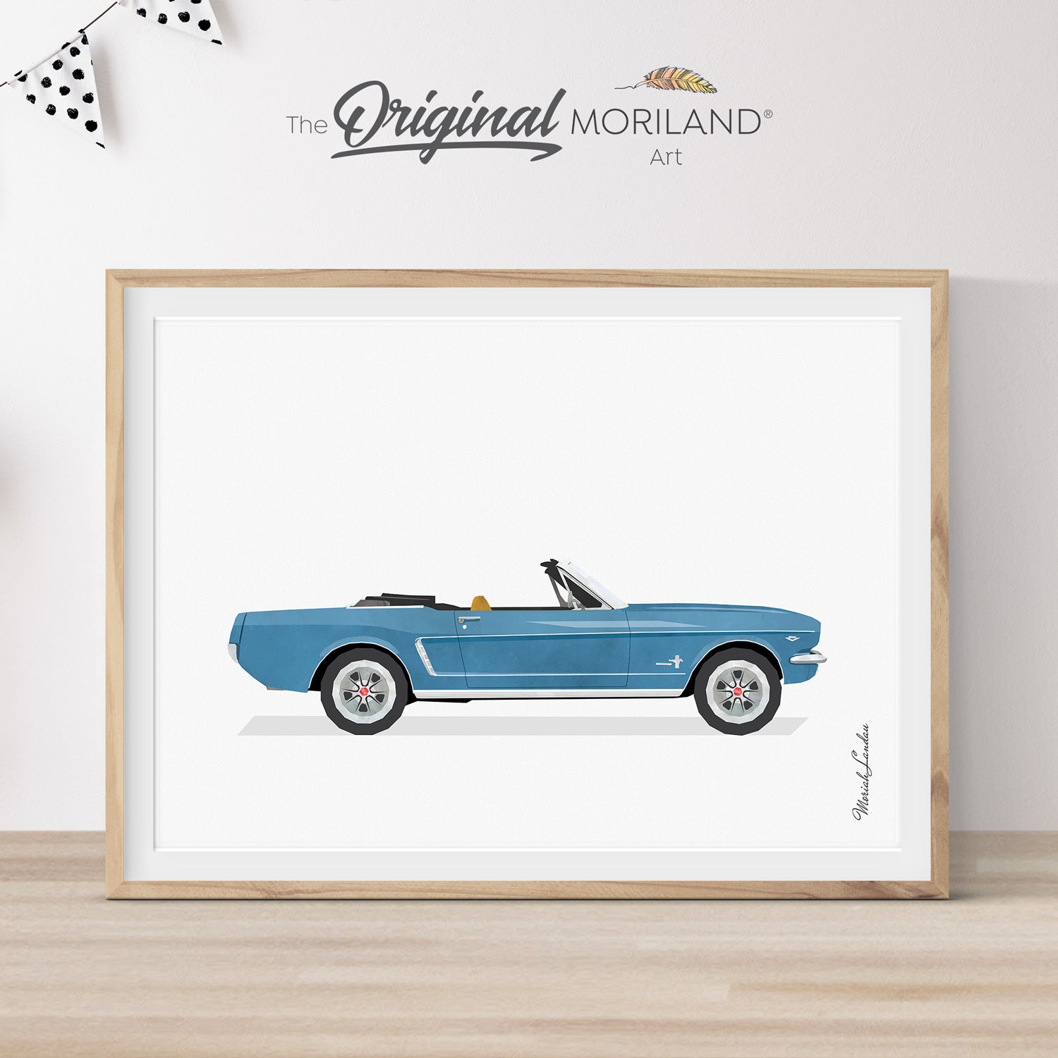Vintage Blue Convertible Classic Ford Mustang Pony Car Print - Printable Art