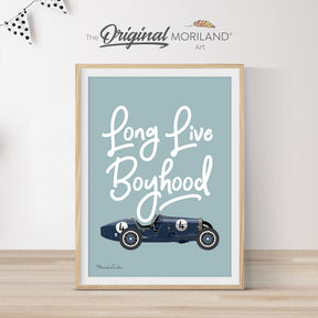 Long Live Boyhood vintage race car wall art in pale blue nursery