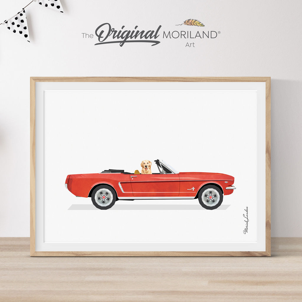 Red Classic 1965 ford mustang Convertible Car with Golden Retriever Dog Print - Printable Art