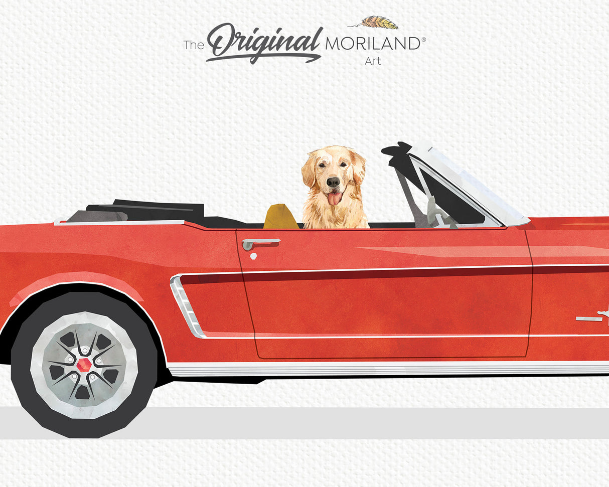 Red Classic Convertible Car with Golden Retriever Dog Print - Printable Art