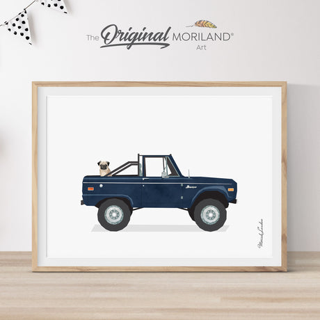 Navy Blue Classic Ford Bronco Truck With Pug Dog Print - Printable Art