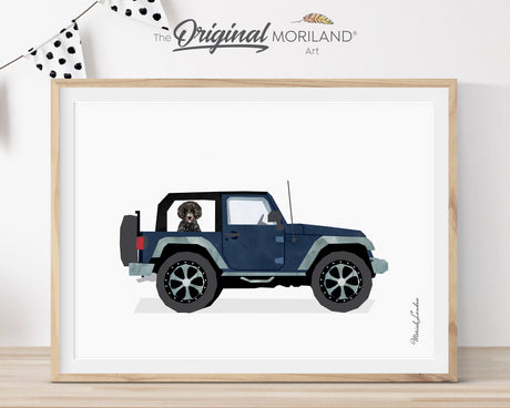Digital art print of a classic navy blue off-road 4x4 vehicle with a black curly-haired Doodle dog inside, on a light gray textured background. Retro automotive and dog lover wall art by MORILAND.
