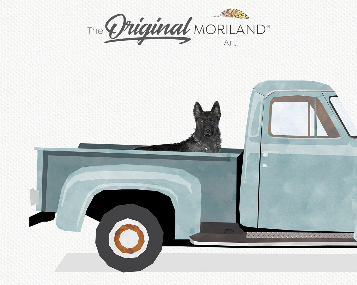 Pale Blue Old Truck With Black German Shepherd Dog Print - Printable Art