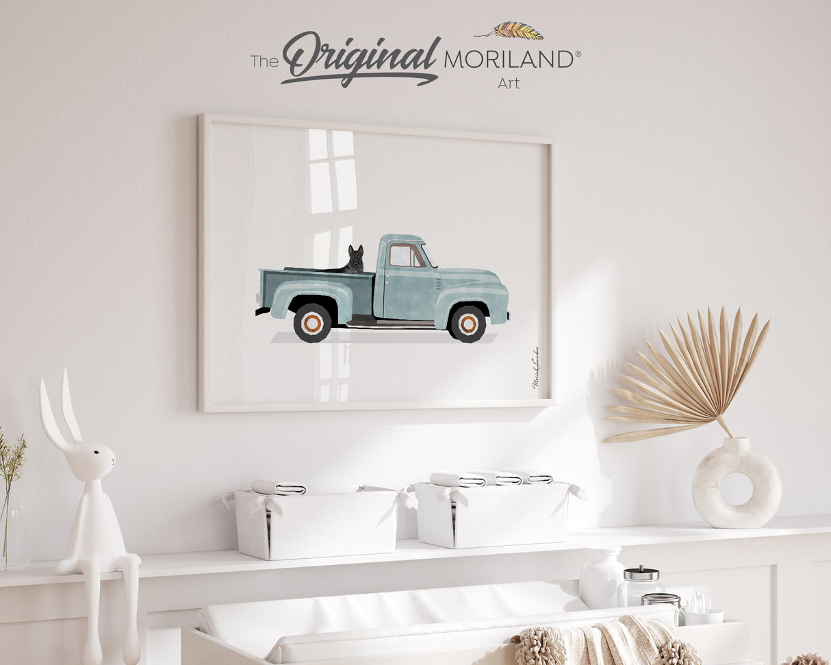 Pale Blue Old Truck With Black German Shepherd Dog Print - Printable Art