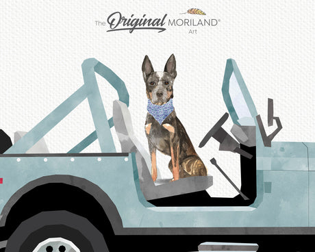 Printable art of a pale blue open SUV with a Blue Heeler dog, perfect for dog lovers and car enthusiasts. By MORILAND Art