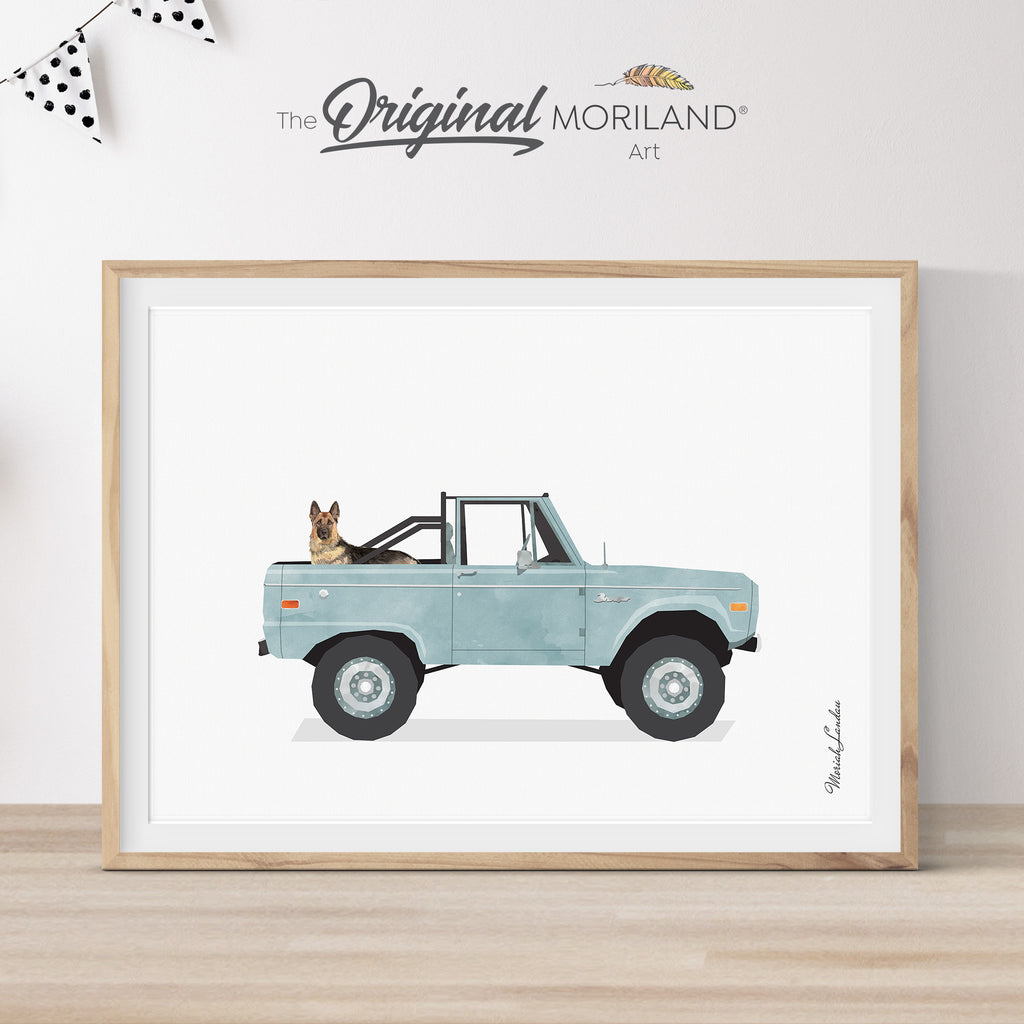 Pale Blue Classic Ford Bronco Truck With German Shepherd Dog Print - Printable Art