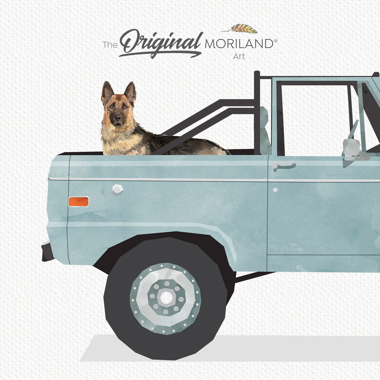 Pale Blue Classic Ford Bronco Truck With German Shepherd Dog Print - Printable Art