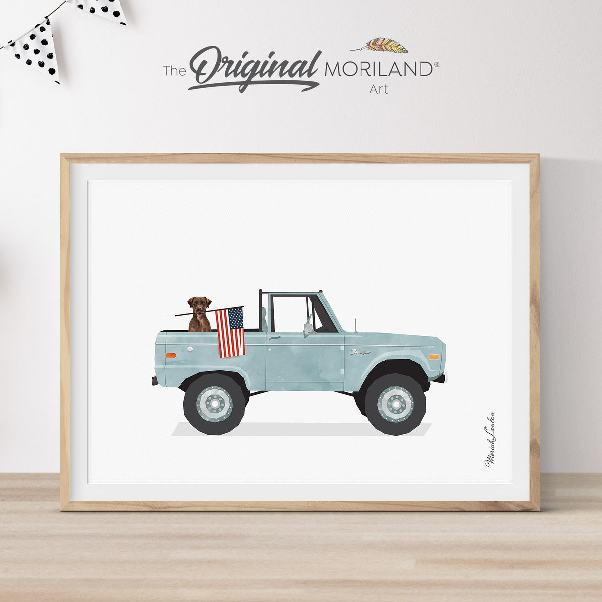 Pale Blue Classic Truck with Brown Labrador Dog Holding American Flag Print - Printable Art