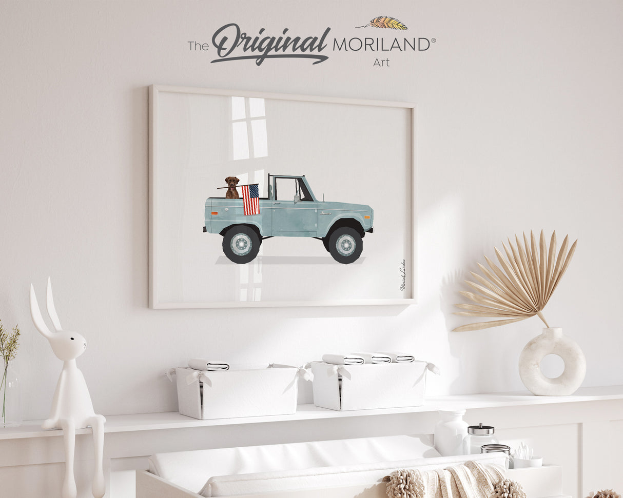 Pale Blue Classic Truck with Brown Labrador Dog Holding American Flag Print - Printable Art