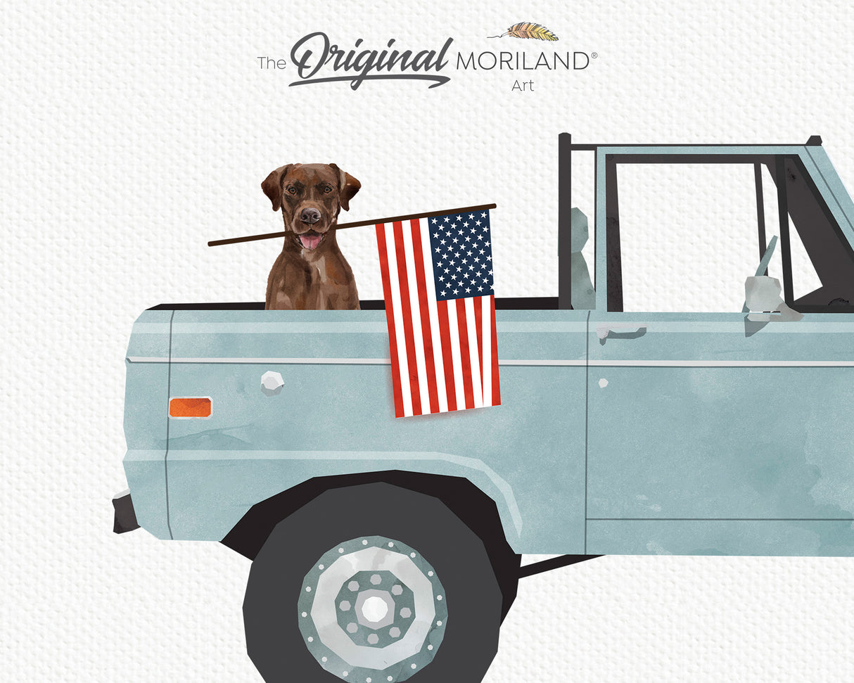 Pale Blue Classic Ford Bronco Truck with Brown Labrador Dog Holding American Flag Print - Printable Art