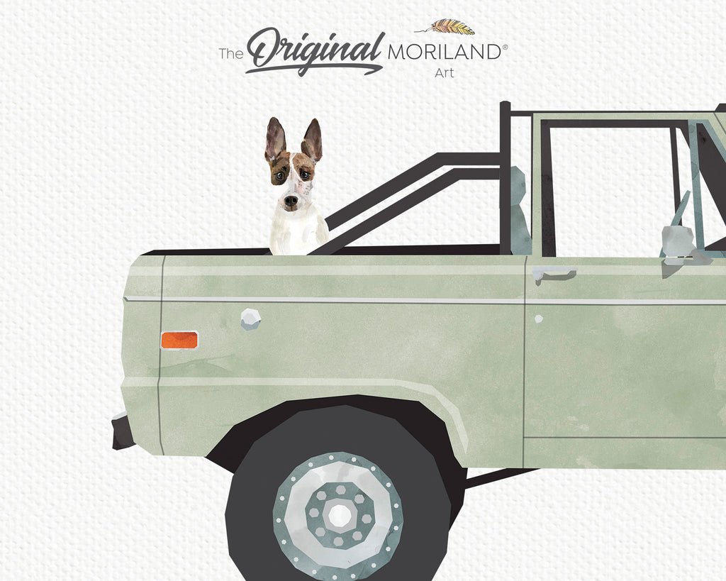 Sage Green Classic Ford Bronco Truck With Jack Russell Dog Print - Printable Art