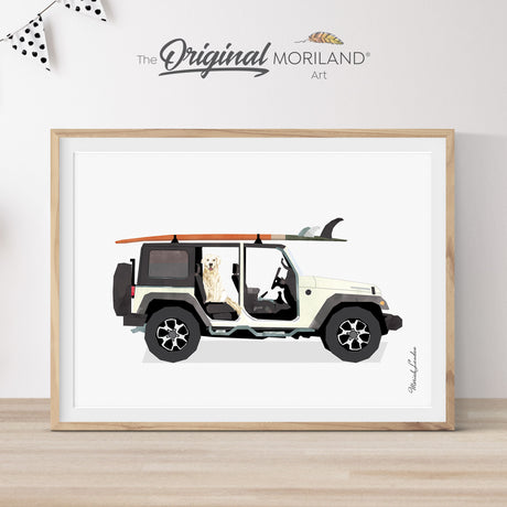 Cream Classic Jeep with Golden Retriever Dog Print - Printable Art