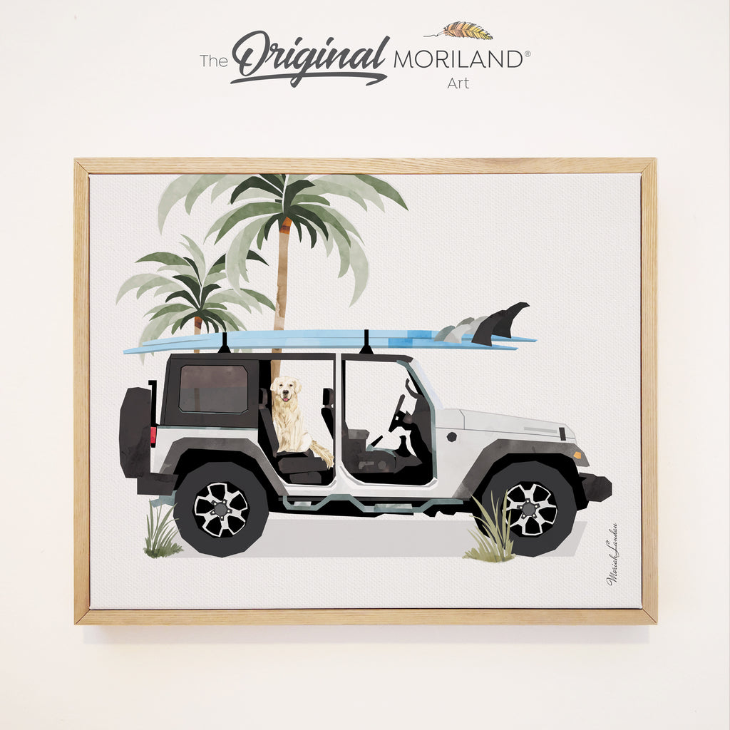 White Open SUV Jeep Wrangler Rubicon with Golden Retriever Dog & Surfboards - Framed Canvas Print