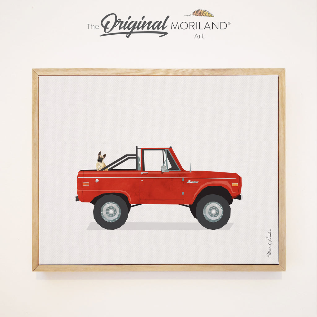 Red Classic Ford Bronco Truck with French Bulldog Dog - Framed Canvas Print