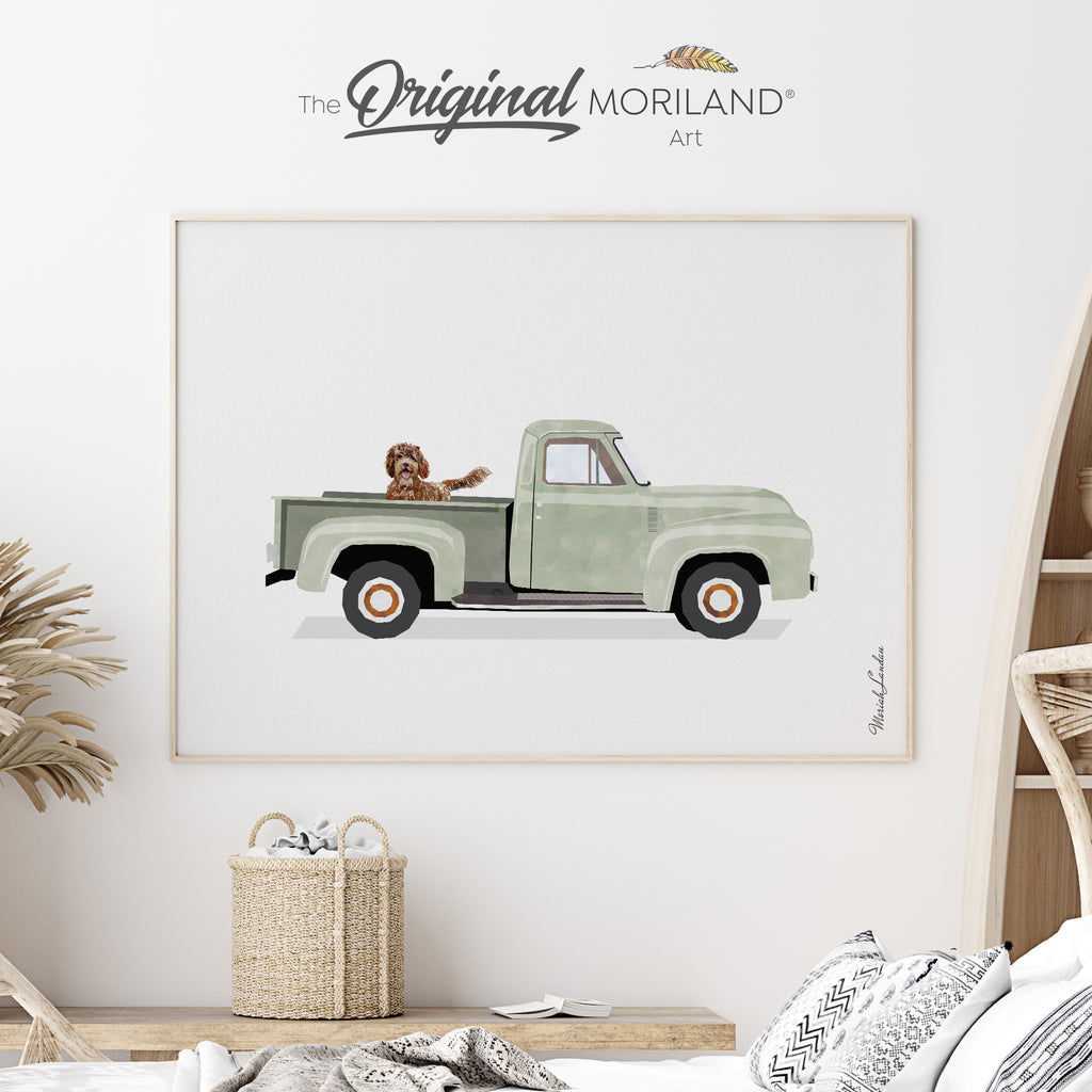 Sage Green Old-Timer Pickup Truck with Brown Goldendoodle Dog Fine Art Paper Print