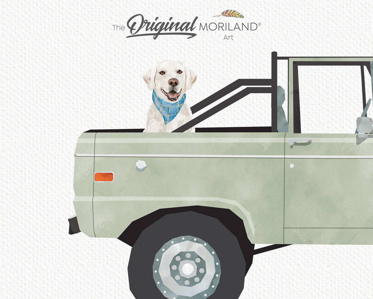 Sage Green Classic Truck with White Labrador Dog Print - Printable Art