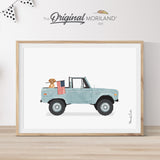 Pale Blue Classic Ford Bronco Truck with Vizsla Dog Holding American Flag Print - Printable Art