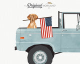 Pale Blue Classic Truck with Vizsla Dog Holding American Flag Print - Printable Art