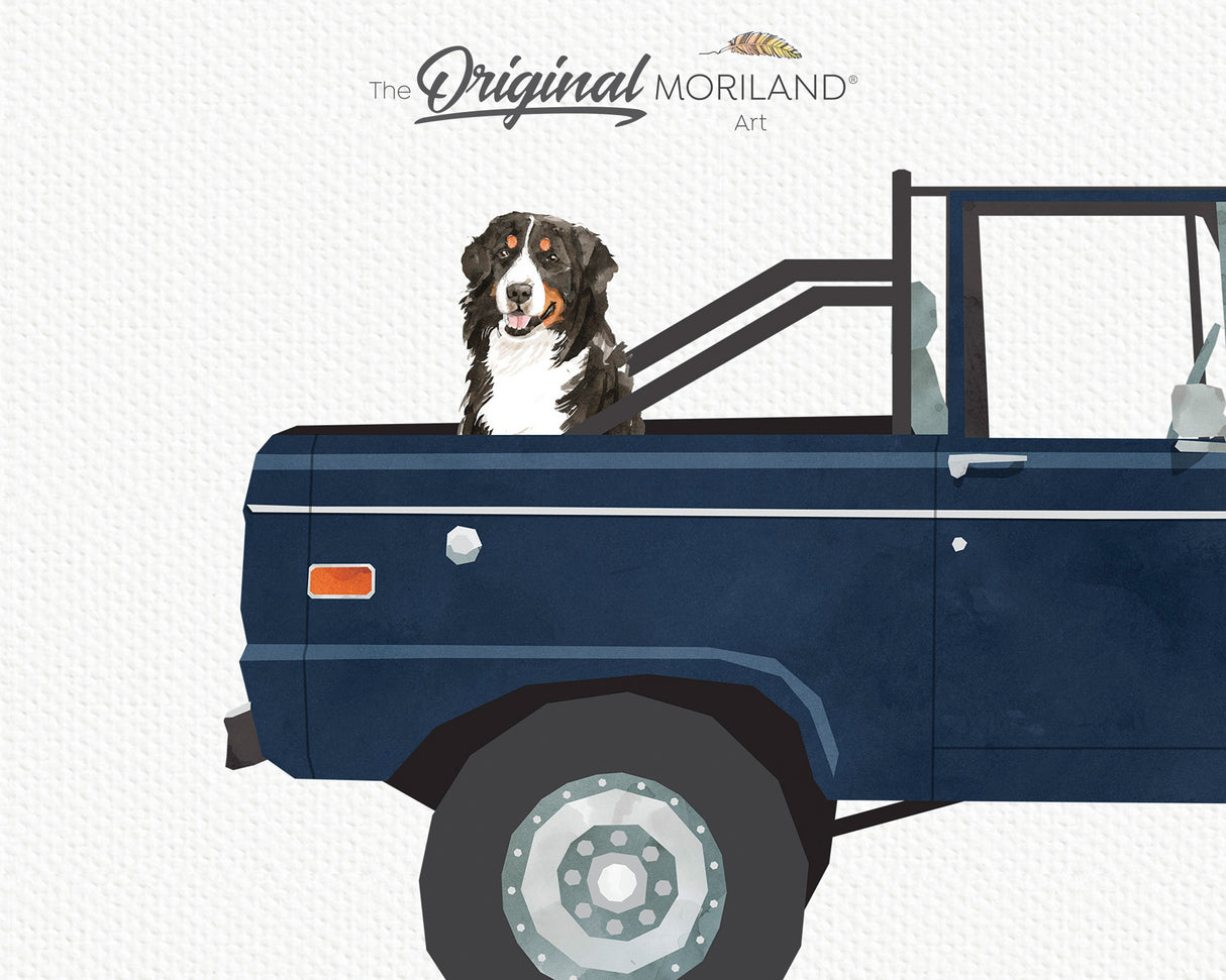 Navy Blue Classic Truck With Bernese Mountain Dog Print - Printable Art