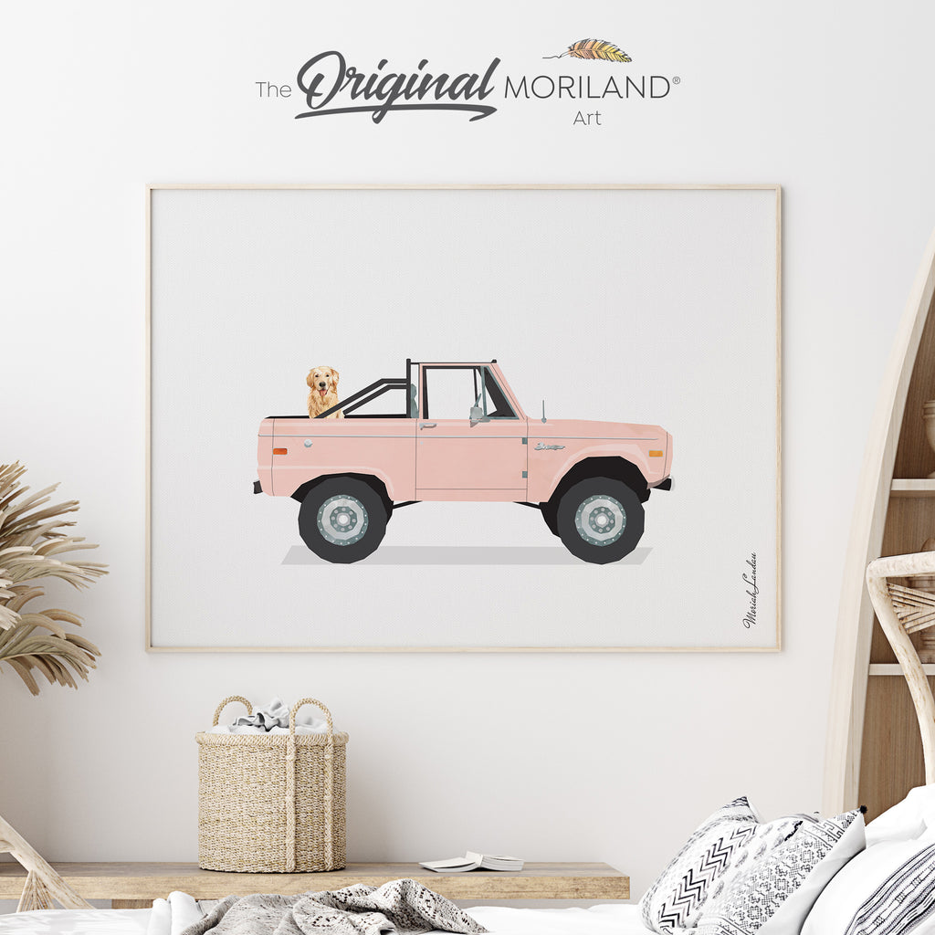 Pink Classic Ford Bronco Truck with Golden Retriever Dog Fine Art Paper Print