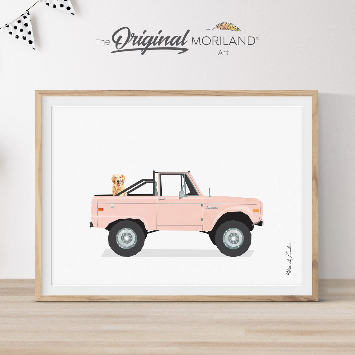 Pink Classic Ford Bronco Truck with Golden Retriever Dog Print - Printable Art