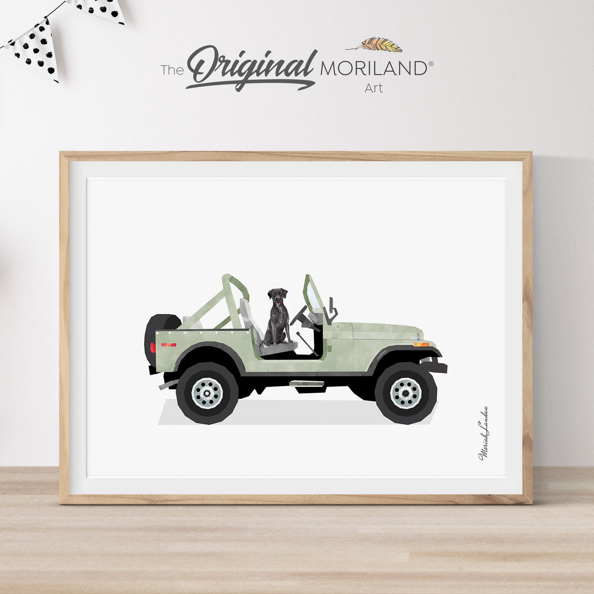 Sage Green 1979 jeep cj-7 renegade with Black Labrador Dog Print - Printable Art