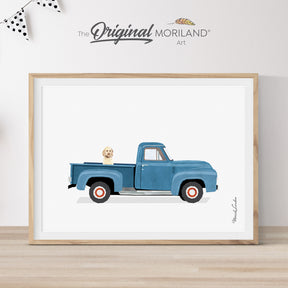Vintage Blue Old Ford F-100 Truck with Goldendoodle Dog Print - Printable Art, Nursery Décor, Pet Loss Memorial Gift