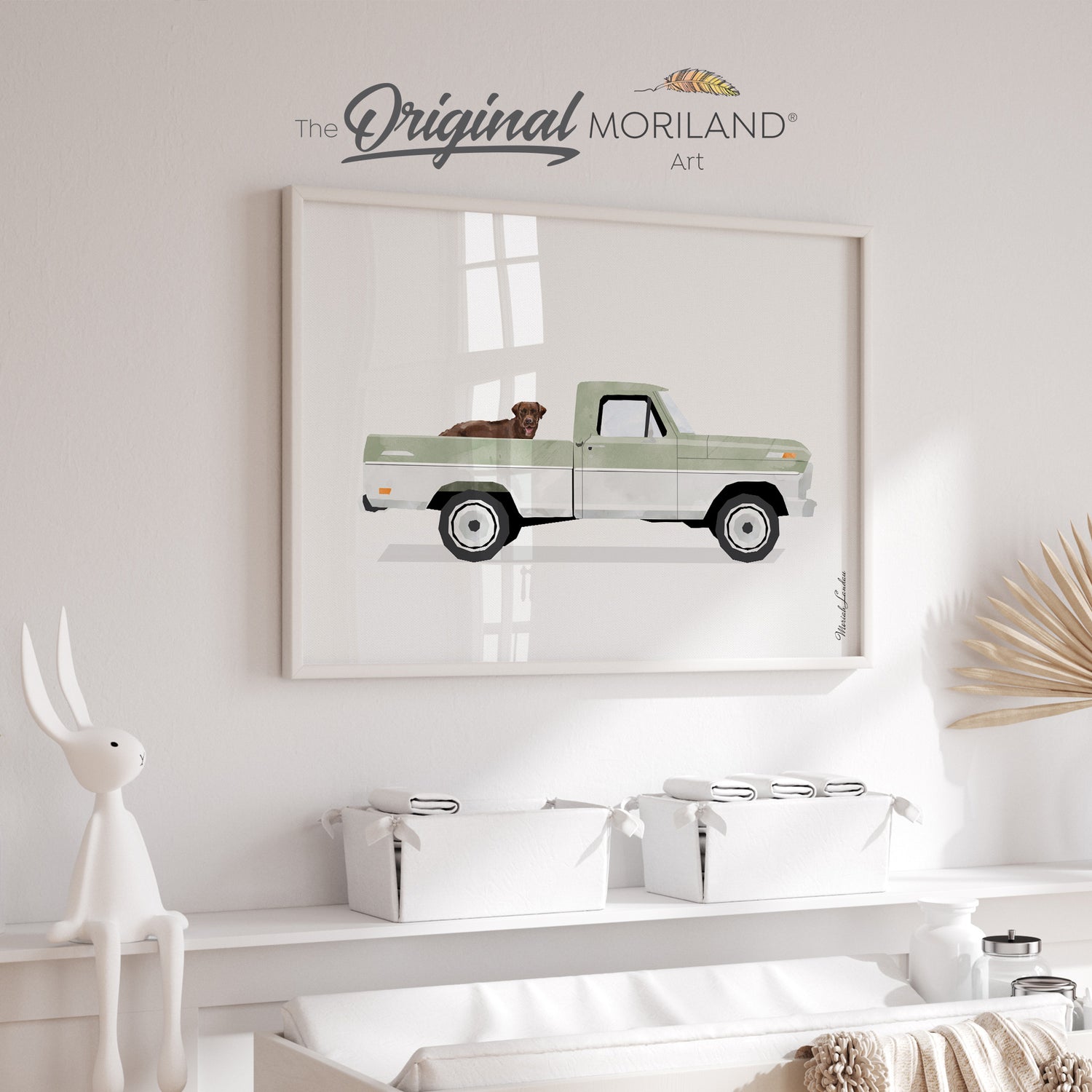 Sage Green & White Classic Truck with Brown Labrador Dog Print - Printable Art