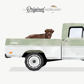 Sage Green & White Classic Ford PickupTruck with Brown Labrador Dog Print - Printable Art, Nursery Decor Idea
