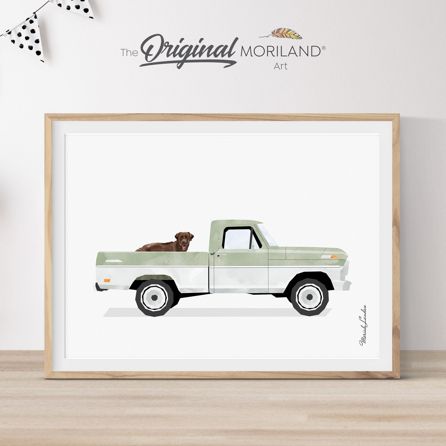 Sage Green & White Classic Truck with Brown Labrador Dog Print - Printable Art