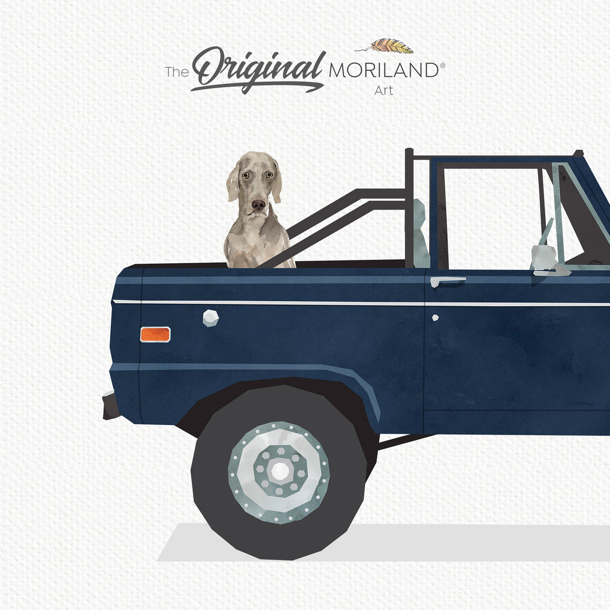 Navy Blue Classic Ford Bronco Truck With Weimaraner Dog Print - Printable Art