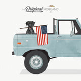 Pale Blue Classic Truck with Black Labrador Dog Holding American Flag Print - Printable Art