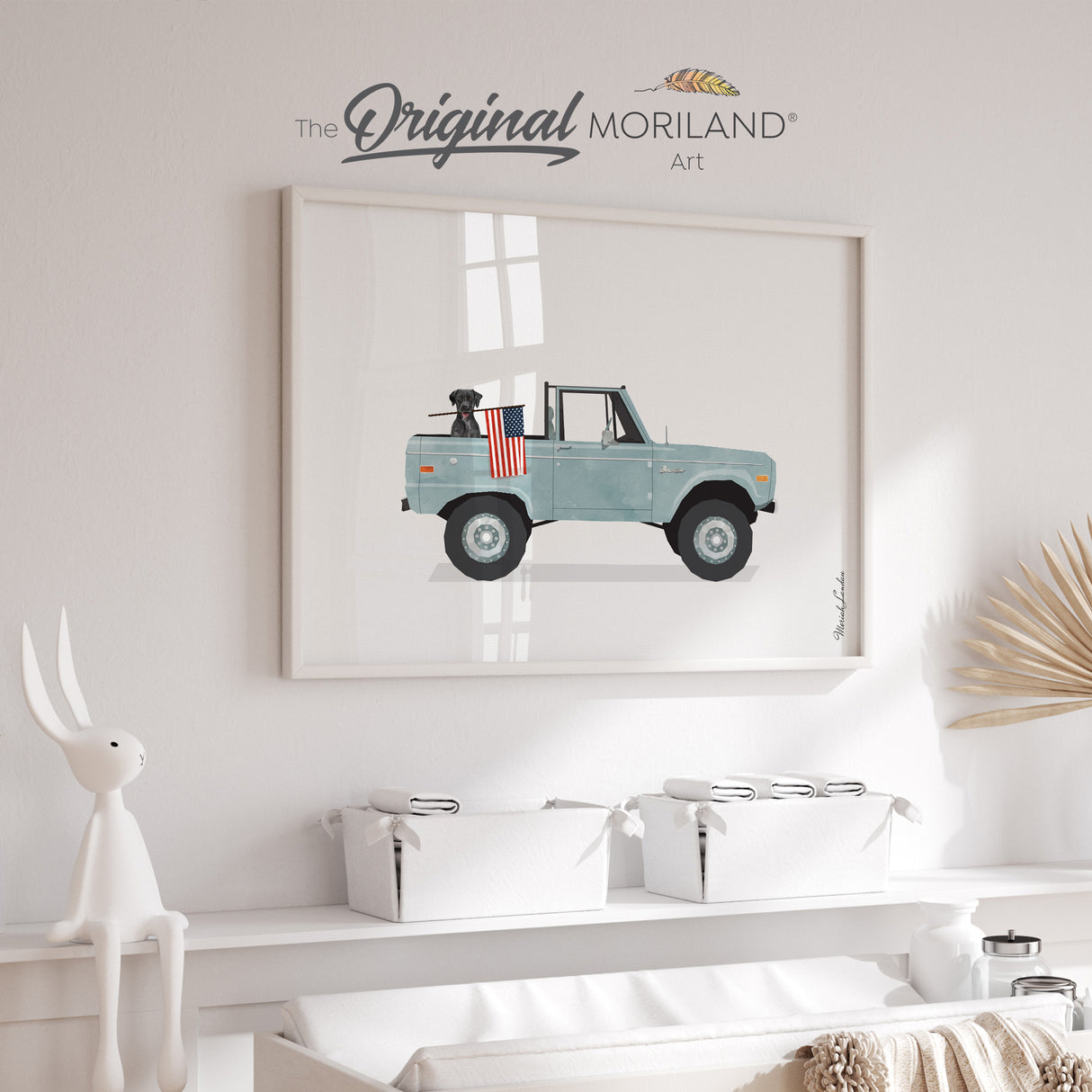 Pale Blue Classic Truck with Black Labrador Dog Holding American Flag Print - Printable Art