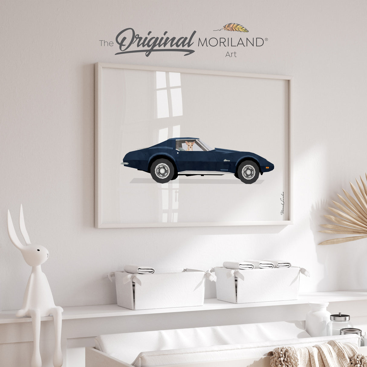 Navy Blue Classic Sports Car with Chihuahua Dog Print - Printable Art