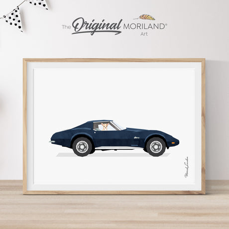 Navy Blue Classic Sports Car with Chihuahua Dog Print - Printable Art