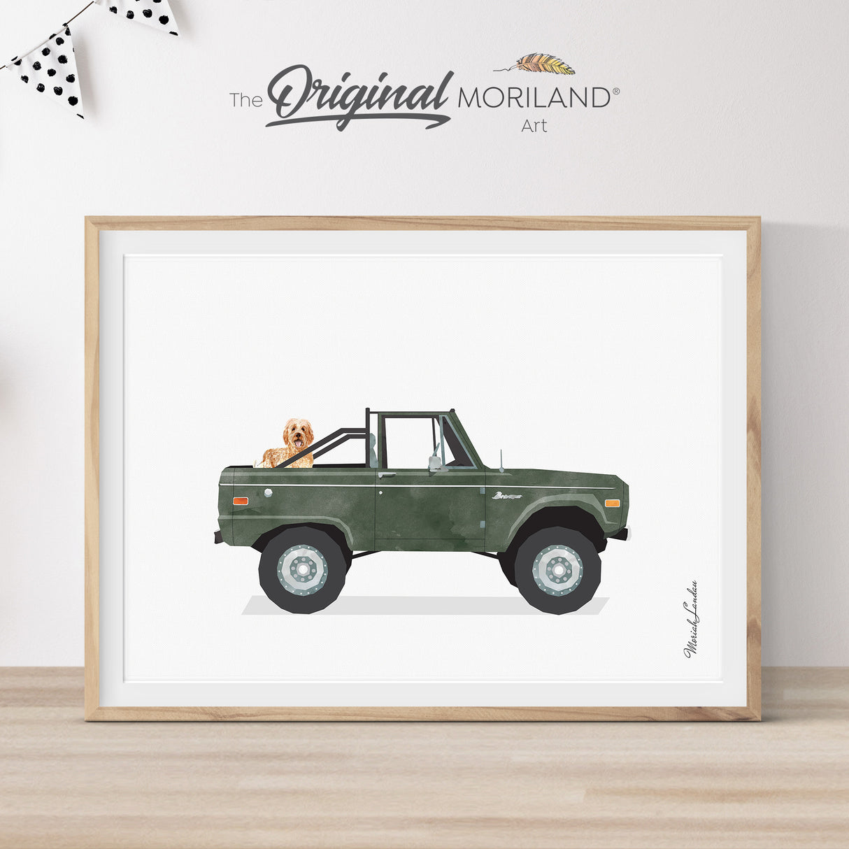 Dark Green Classic Ford Bronco Truck with GoldenDoodle Dog Print - Printable Art