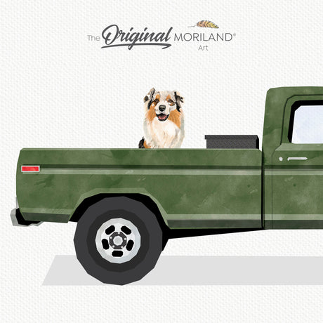 Army Green Classic Ford F-100 Pickup Truck with Australian Shepherd Dog Print - Printable Art