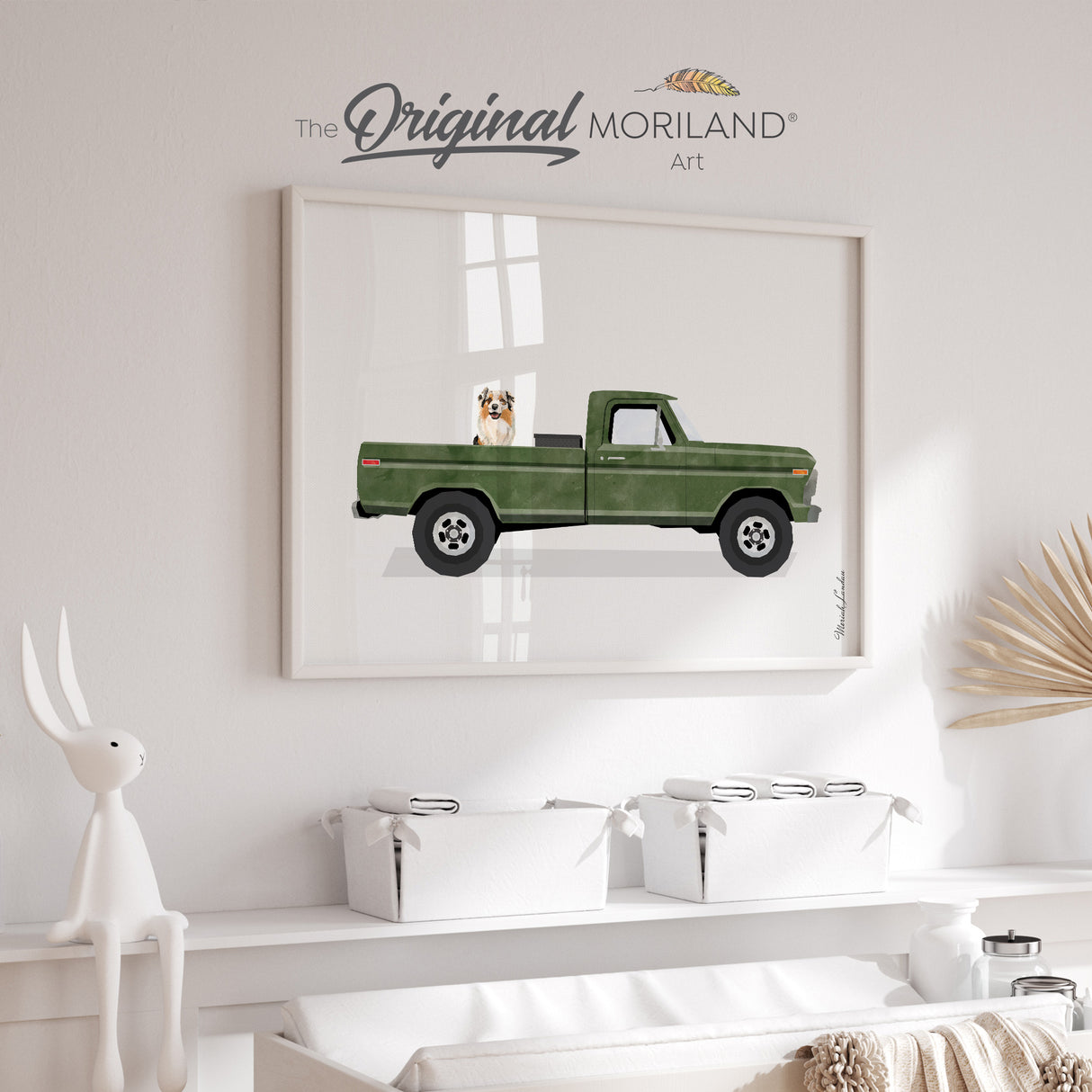 Army Green Classic Truck with Australian Shepherd Dog Print - Printable Art