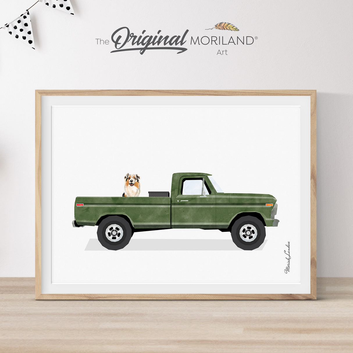 Army Green Classic Truck with Australian Shepherd Dog Print - Printable Art