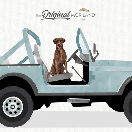 Pale Blue 1979 jeep cj-7 renegade with Brown Labrador Dog Print - Printable Art