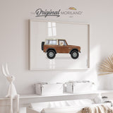 Classic brown adventure vehicle and Dachshund dog illustration, MORILAND printable art, vintage automotive decor.