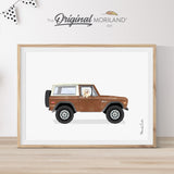 Digital art print of a vintage classic brown off-road Bronco SUV with a cute Dachshund dog sitting inside, set against a light gray textured background. Perfect for retro nursery decor or dog lover gifts.