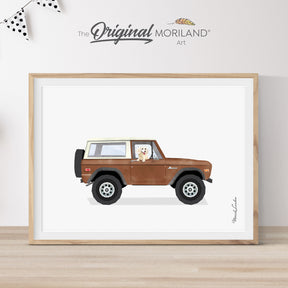 Digital art print of a vintage classic brown off-road Bronco SUV with a cute Dachshund dog sitting inside, set against a light gray textured background. Perfect for retro nursery decor or dog lover gifts.