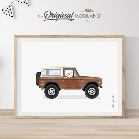 Digital art print of a vintage classic brown off-road Bronco SUV with a cute Dachshund dog sitting inside, set against a light gray textured background. Perfect for retro nursery decor or dog lover gifts.